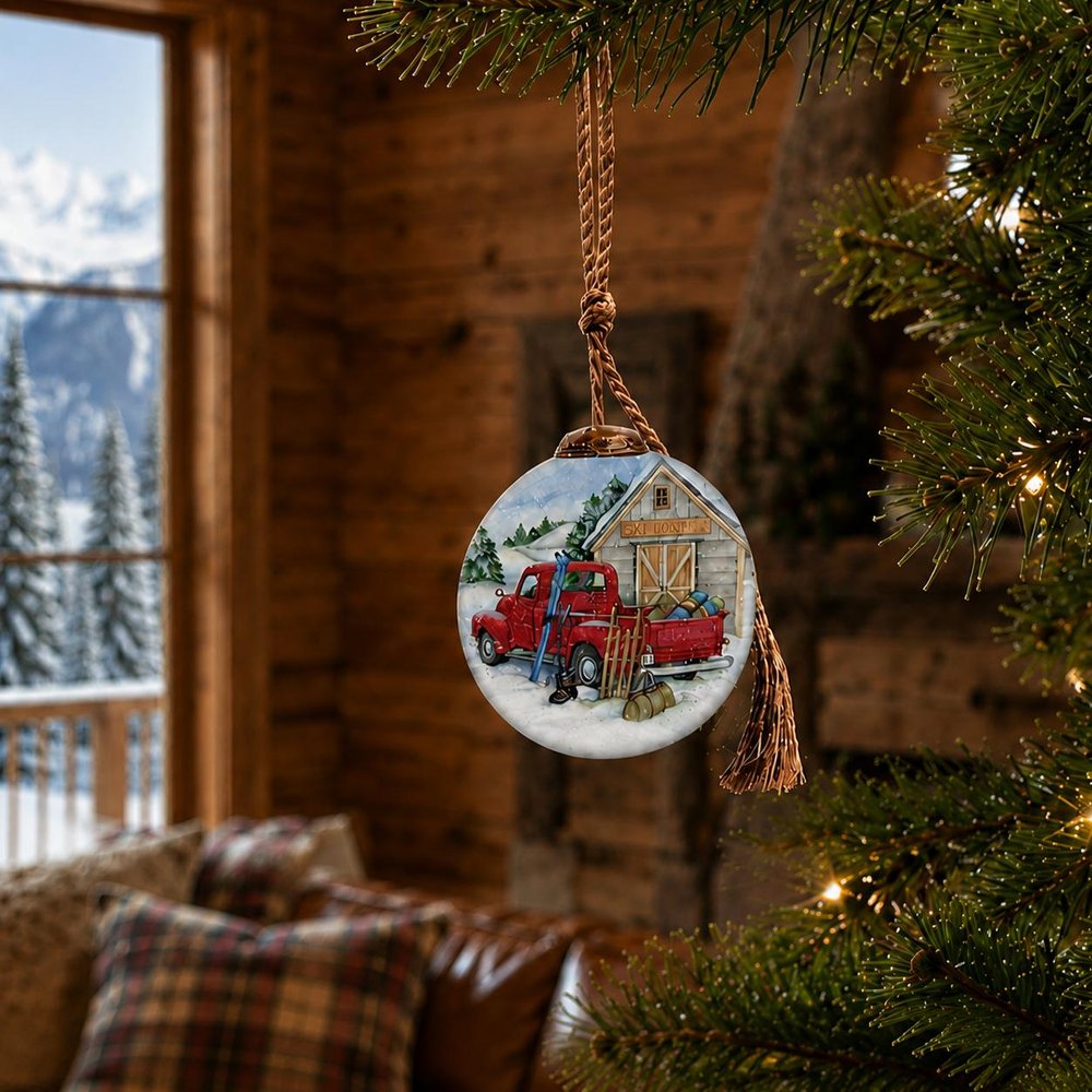 Snowy Mountains Ski Rental Hand Painted And Mouth Blown Red And White Glass Ball Ornament