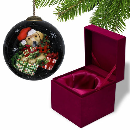 Christmas Puppy with Presents Hand Painted And Mouth Blown Black Red And Brown Glass Ball Ornament