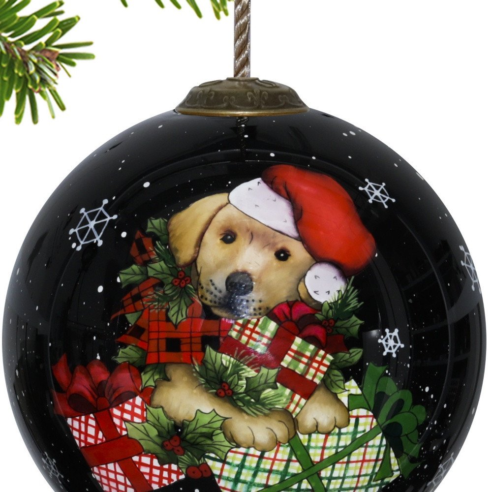 Christmas Puppy with Presents Hand Painted And Mouth Blown Black Red And Brown Glass Ball Ornament