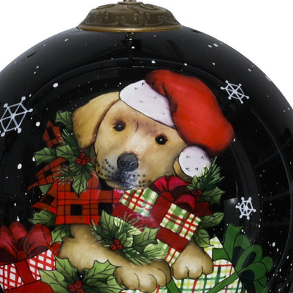 Christmas Puppy with Presents Hand Painted And Mouth Blown Black Red And Brown Glass Ball Ornament