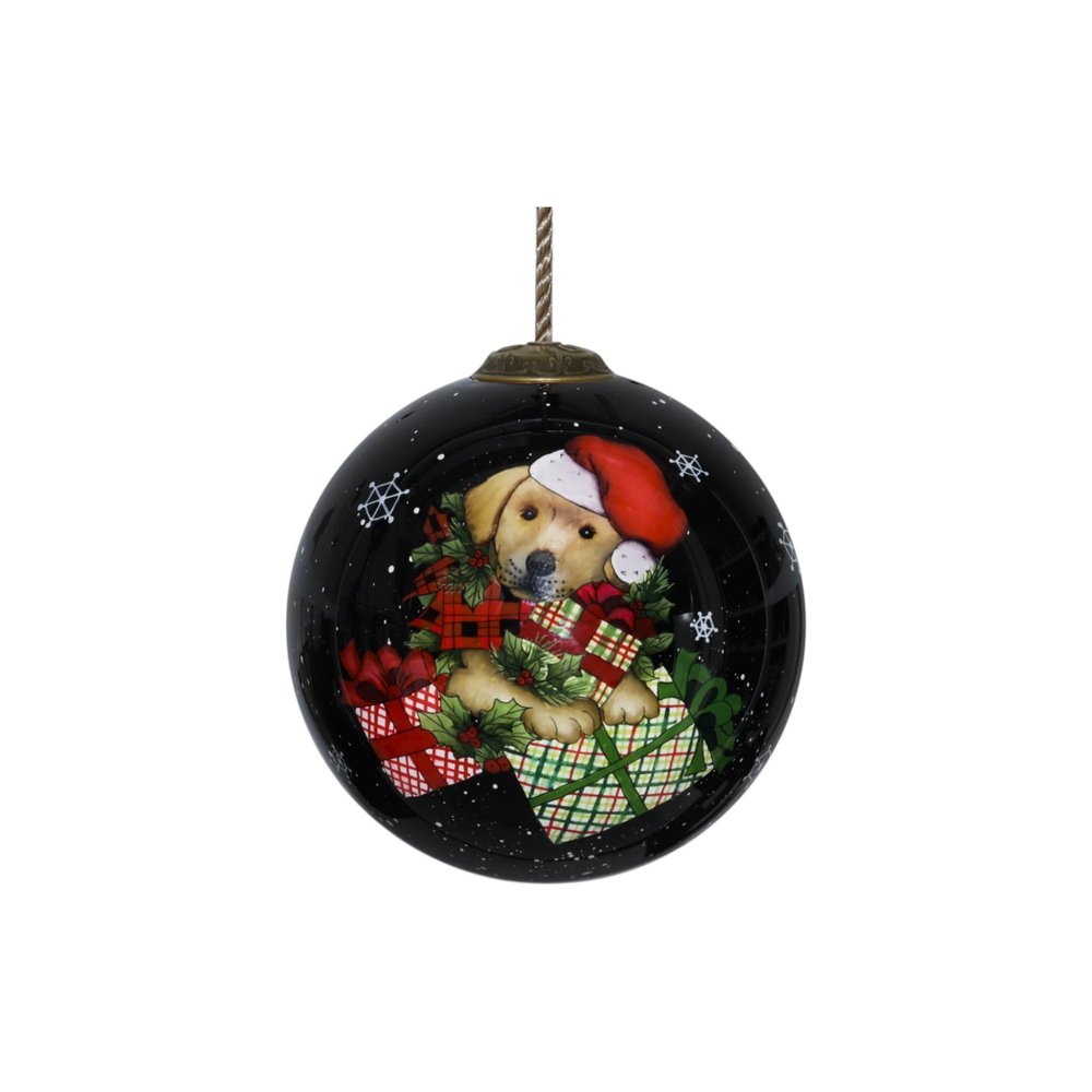 Christmas Puppy with Presents Hand Painted And Mouth Blown Black Red And Brown Glass Ball Ornament