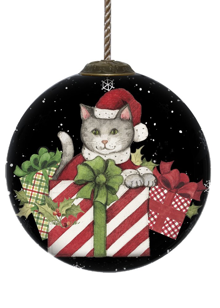 Christmas Cat with Presents Hand Painted And Mouth Blown Red Black And White Glass Ball Ornament