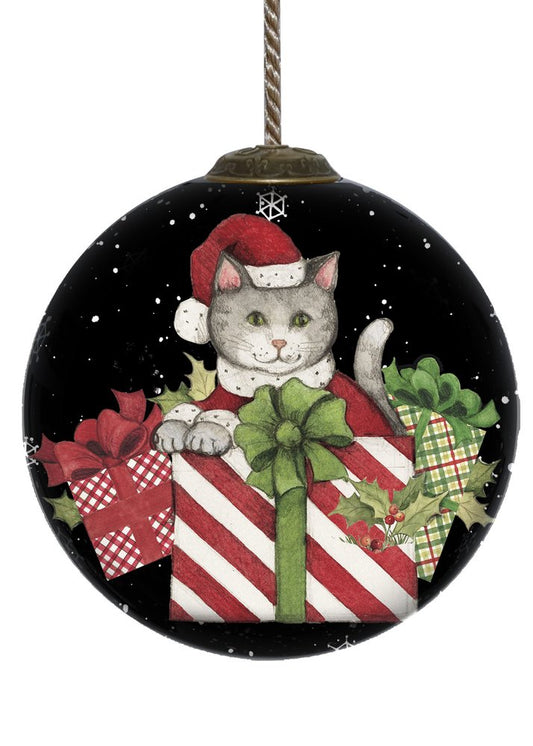 Christmas Cat with Presents Hand Painted And Mouth Blown Red Black And White Glass Ball Ornament