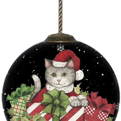 Christmas Cat with Presents Hand Painted And Mouth Blown Red Black And White Glass Ball Ornament