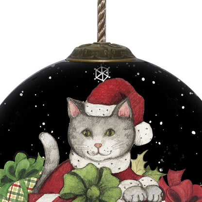Christmas Cat with Presents Hand Painted And Mouth Blown Red Black And White Glass Ball Ornament