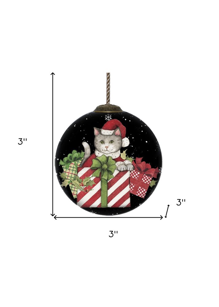 Christmas Cat with Presents Hand Painted And Mouth Blown Red Black And White Glass Ball Ornament