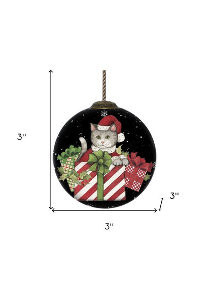 Christmas Cat with Presents Hand Painted And Mouth Blown Red Black And White Glass Ball Ornament