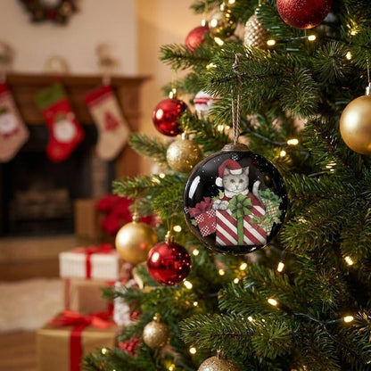 Christmas Cat with Presents Hand Painted And Mouth Blown Red Black And White Glass Ball Ornament