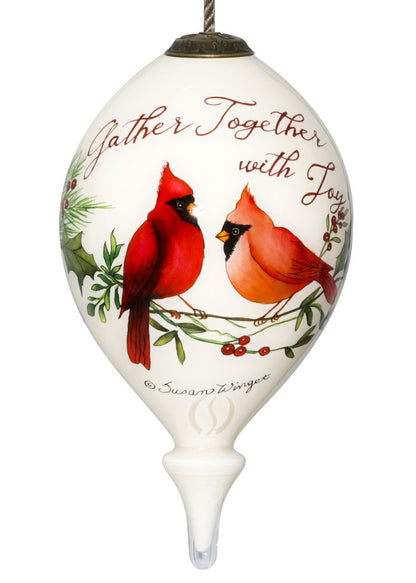 Gather Together With Joy Cardinals Hand Painted And Mouth Blown White And Red Glass Finial Ornament