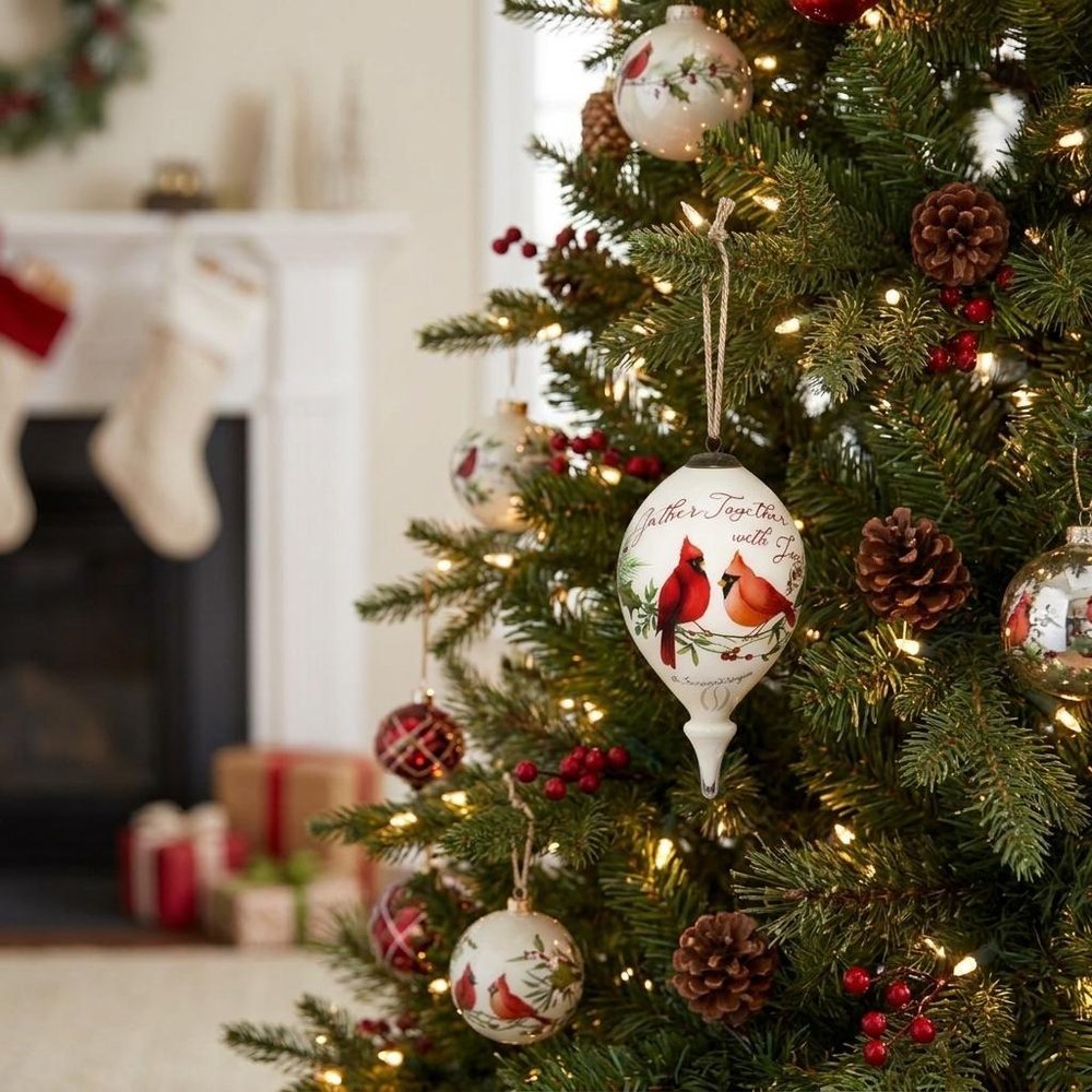 Gather Together With Joy Cardinals Hand Painted And Mouth Blown White And Red Glass Finial Ornament