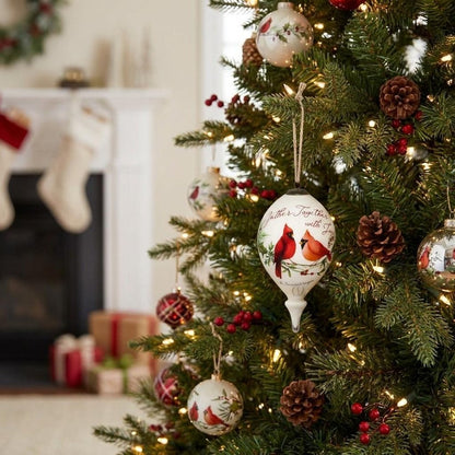 Gather Together With Joy Cardinals Hand Painted And Mouth Blown White And Red Glass Finial Ornament
