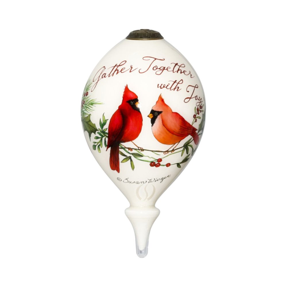 Gather Together With Joy Cardinals Hand Painted And Mouth Blown White And Red Glass Finial Ornament
