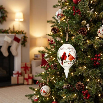 Gather Together With Joy Cardinals Hand Painted And Mouth Blown White And Red Glass Finial Ornament