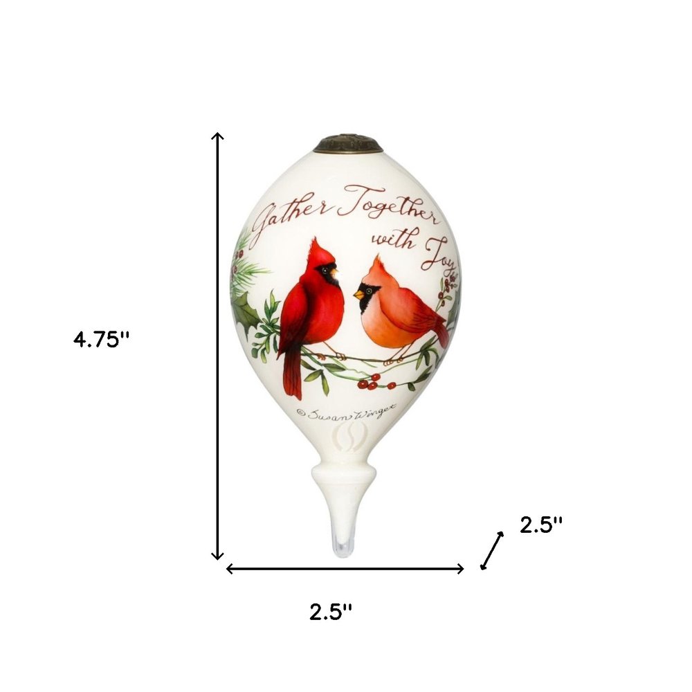 Gather Together With Joy Cardinals Hand Painted And Mouth Blown White And Red Glass Finial Ornament