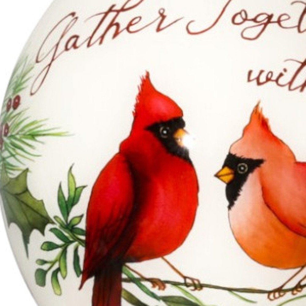 Gather Together With Joy Cardinals Hand Painted And Mouth Blown White And Red Glass Finial Ornament