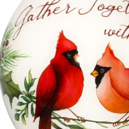 Gather Together With Joy Cardinals Hand Painted And Mouth Blown White And Red Glass Finial Ornament