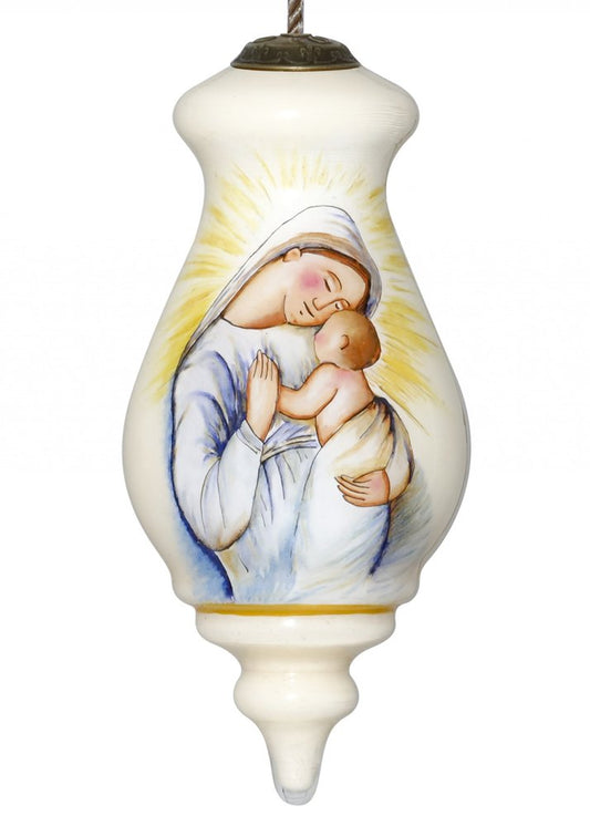 Mother Mary with Baby Hand Painted And Mouth Blown Ivory Tan And Yellow Glass Finial Ornament
