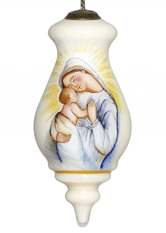 Mother Mary with Baby Hand Painted And Mouth Blown Ivory Tan And Yellow Glass Finial Ornament