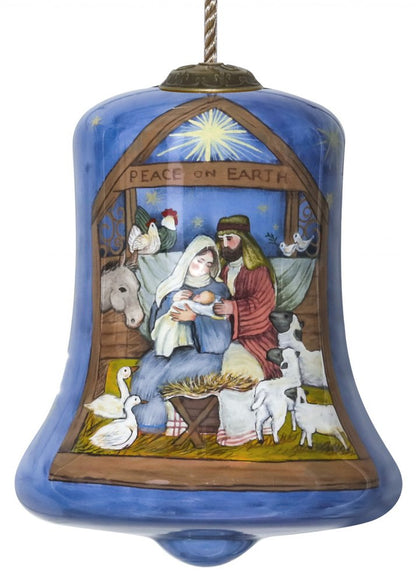 Holy Family Bethlehem Hand Painted And Mouth Blown Blue And Brown Glass Holiday Shaped Ornament