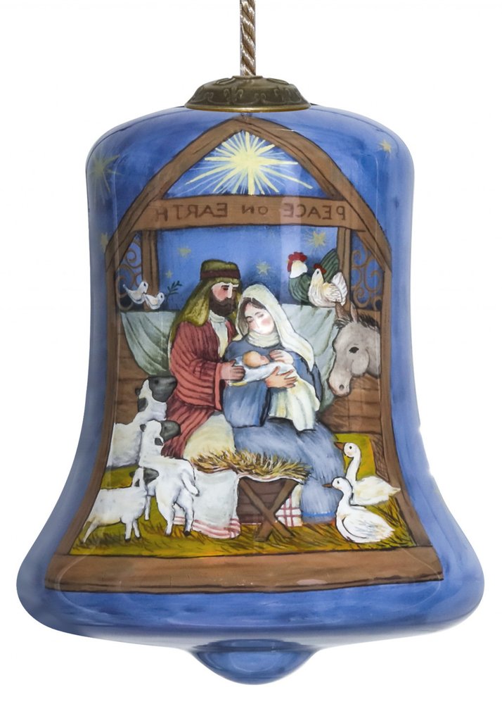 Holy Family Bethlehem Hand Painted And Mouth Blown Blue And Brown Glass Holiday Shaped Ornament