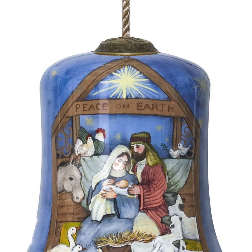 Holy Family Bethlehem Hand Painted And Mouth Blown Blue And Brown Glass Holiday Shaped Ornament