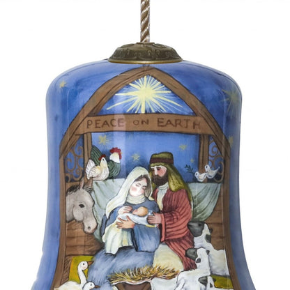 Holy Family Bethlehem Hand Painted And Mouth Blown Blue And Brown Glass Holiday Shaped Ornament