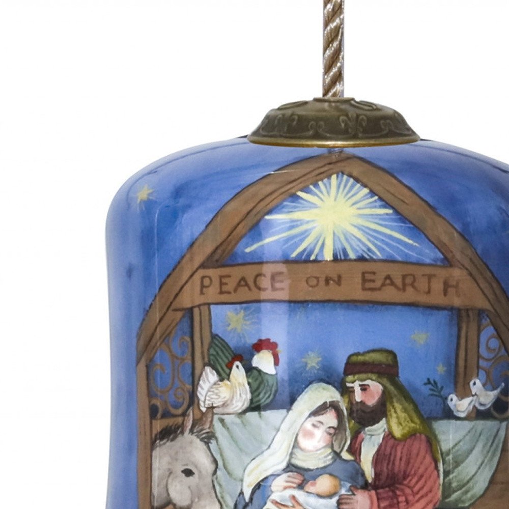 Holy Family Bethlehem Hand Painted And Mouth Blown Blue And Brown Glass Holiday Shaped Ornament