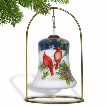 Dual Cardinals Hand Painted And Mouth Blown Red White And Blue Glass Holiday Shaped Ornament