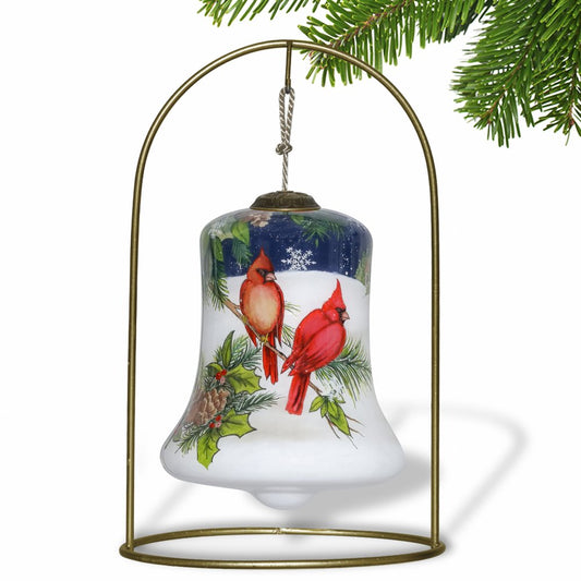 Dual Cardinals Hand Painted And Mouth Blown Red White And Blue Glass Holiday Shaped Ornament