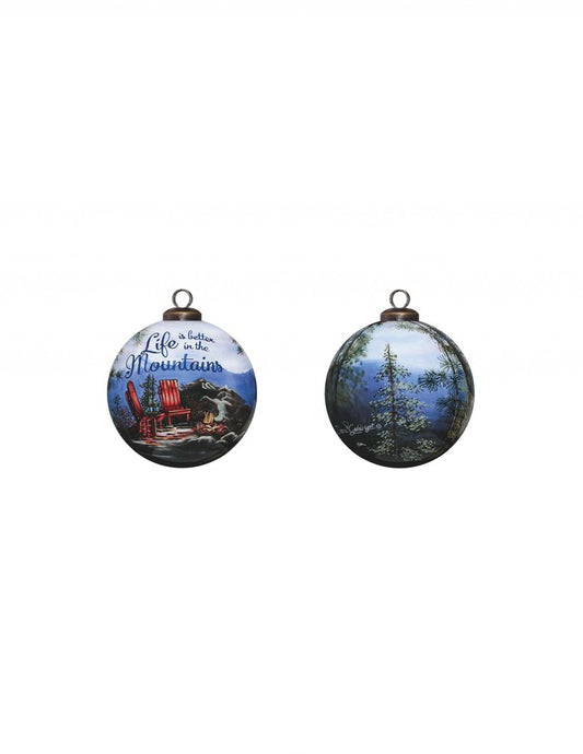 Scenic Life is Better in the Mountains Hand Painted And Mouth Blown Blue And White Glass Ball Ornament