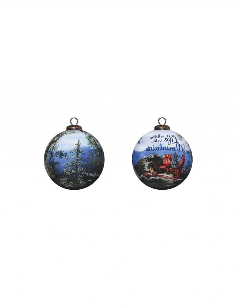 Scenic Life is Better in the Mountains Hand Painted And Mouth Blown Blue And White Glass Ball Ornament