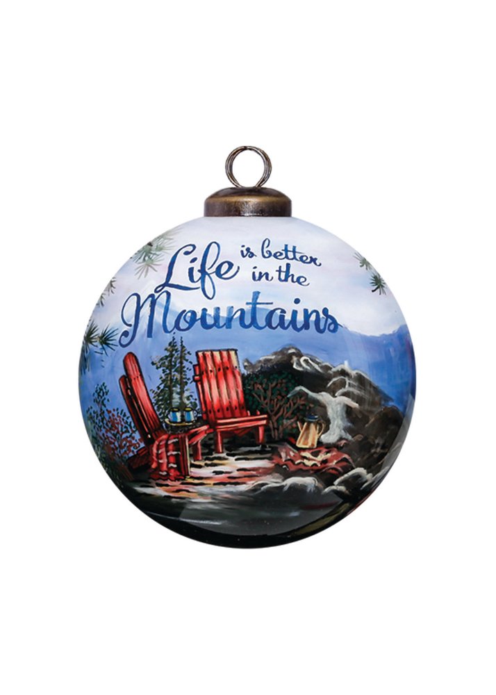 Scenic Life is Better in the Mountains Hand Painted And Mouth Blown Blue And White Glass Ball Ornament