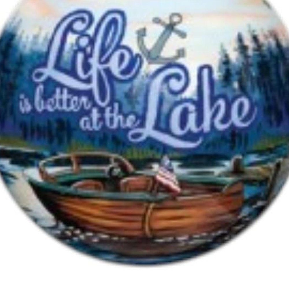 Scenic Life is Better at the Lake Hand Painted And Mouth Blown Blue And White Glass Ball Ornament