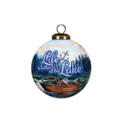 Scenic Life is Better at the Lake Hand Painted And Mouth Blown Blue And White Glass Ball Ornament