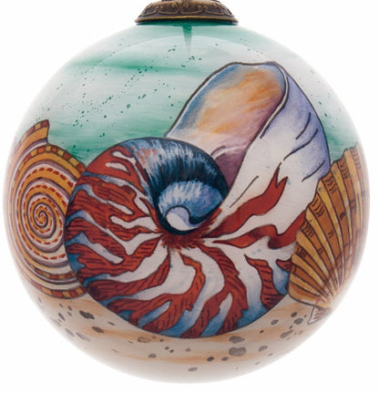 Sea Shell Hand Painted And Mouth Blown Red White And Blue Glass Ball Ornament