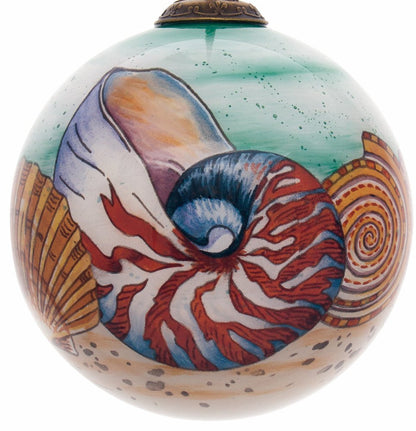Sea Shell Hand Painted And Mouth Blown Red White And Blue Glass Ball Ornament