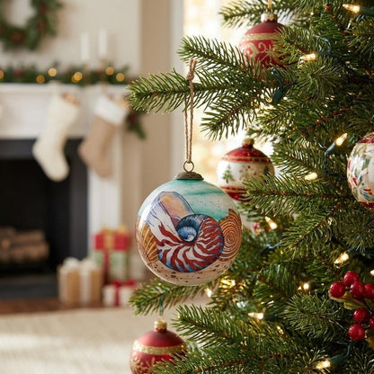 Sea Shell Hand Painted And Mouth Blown Red White And Blue Glass Ball Ornament