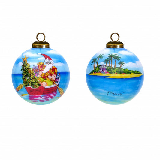 Rowing Santa Express Hand Painted And Mouth Blown Red Blue And Green Glass Ball Ornament
