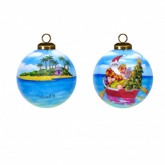 Rowing Santa Express Hand Painted And Mouth Blown Red Blue And Green Glass Ball Ornament