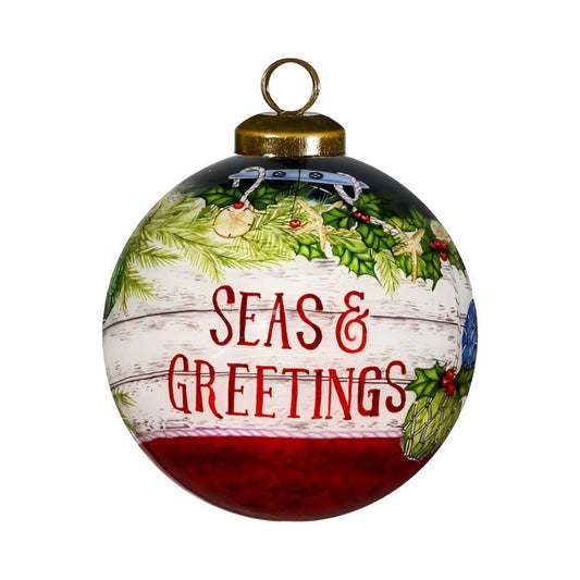 Holly Seas And Greetings Hand Painted And Mouth Blown Red White And Green Glass Ball Ornament
