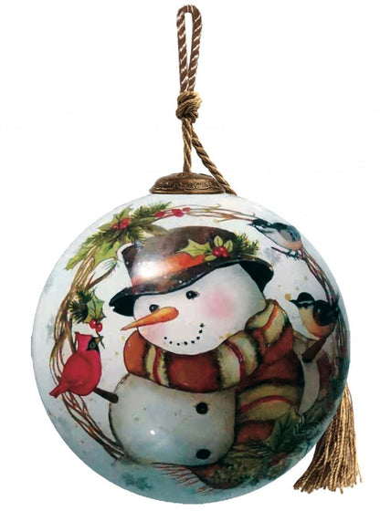 Winter Wreath Forest Snowman Hand Painted And Mouth Blown Red And White Glass Ball Ornament
