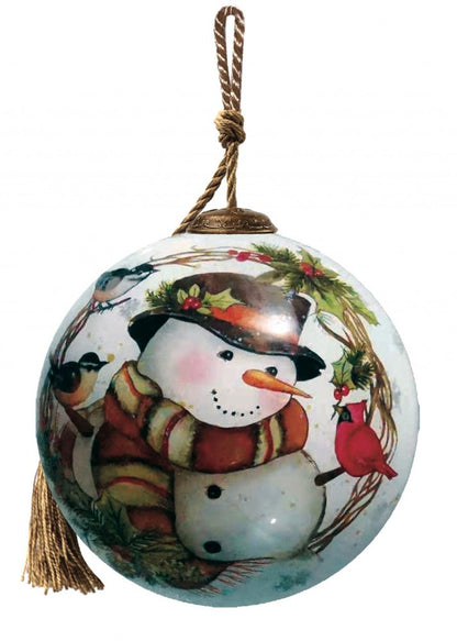 Winter Wreath Forest Snowman Hand Painted And Mouth Blown Red And White Glass Ball Ornament