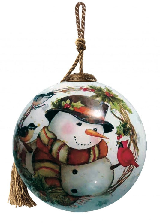 Winter Wreath Forest Snowman Hand Painted And Mouth Blown Red And White Glass Ball Ornament