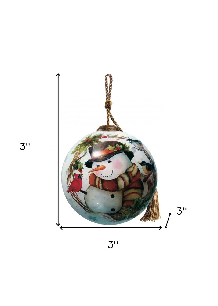 Winter Wreath Forest Snowman Hand Painted And Mouth Blown Red And White Glass Ball Ornament