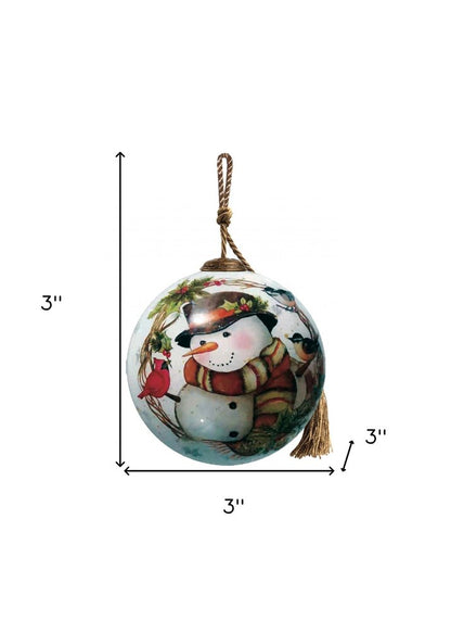 Winter Wreath Forest Snowman Hand Painted And Mouth Blown Red And White Glass Ball Ornament