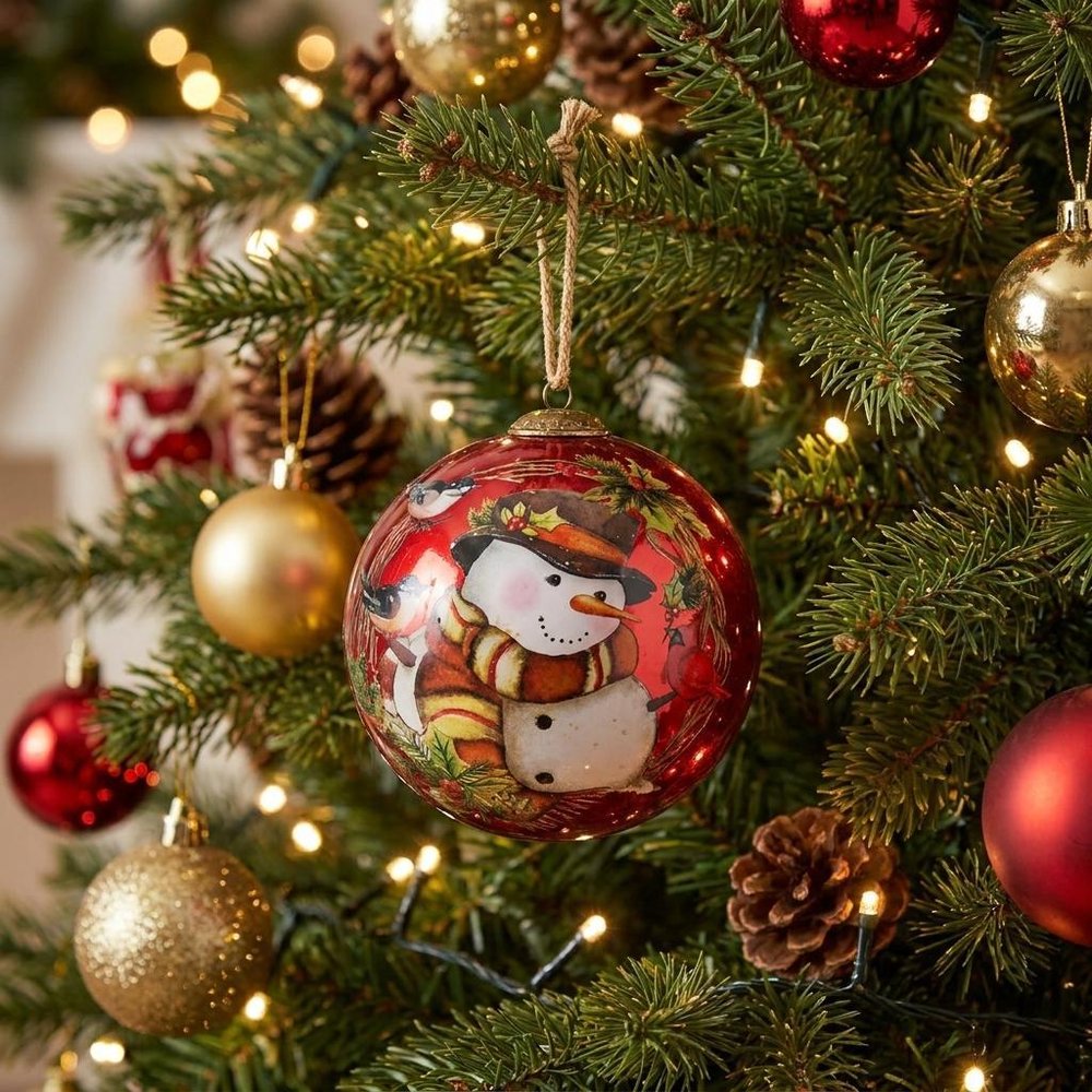 Winter Wreath Forest Snowman Hand Painted And Mouth Blown Red And White Glass Ball Ornament