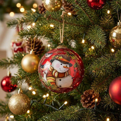 Winter Wreath Forest Snowman Hand Painted And Mouth Blown Red And White Glass Ball Ornament