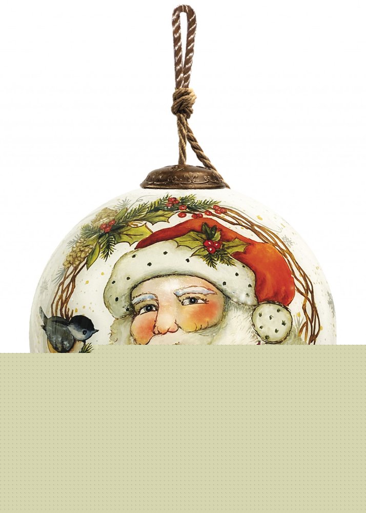 Winter Wreath Forest Santa Hand Painted Mouth Blown Glass Ornament