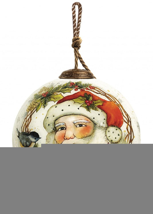 Winter Wreath Forest Santa Hand Painted Mouth Blown Glass Ornament
