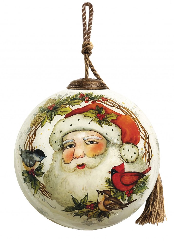 Winter Wreath Forest Santa Hand Painted And Mouth Blown Red White And Green Glass Ball Ornament